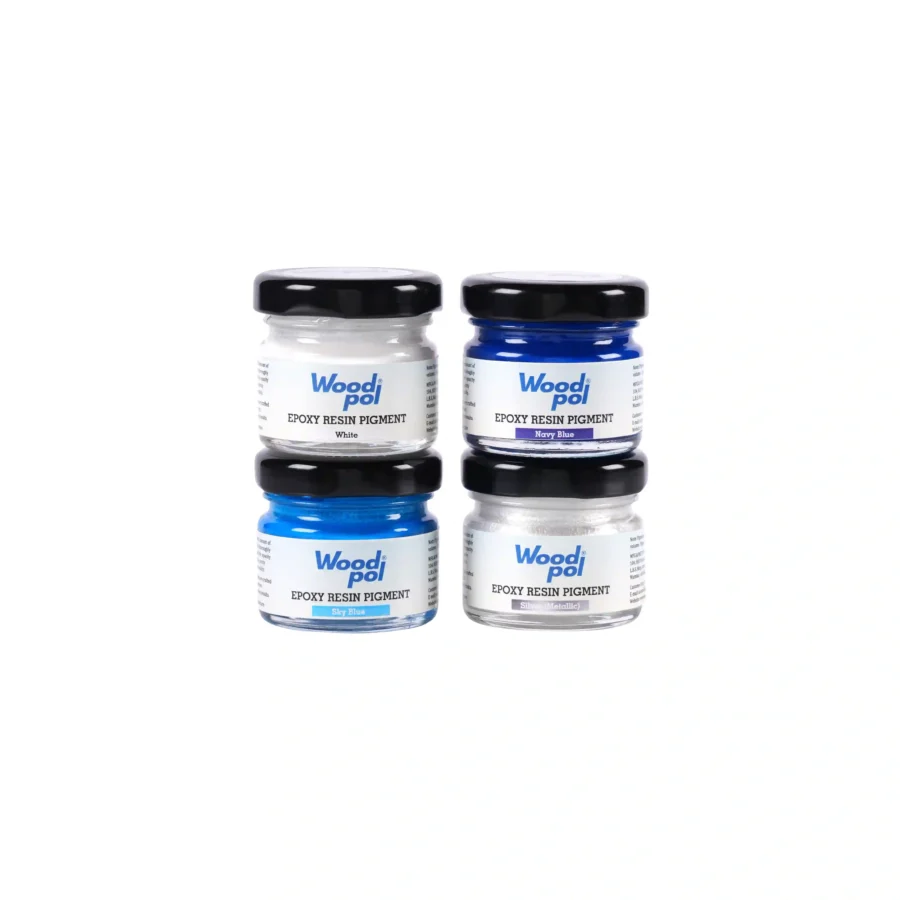 Woodpol Blue Base Pigment Combo - 4 Resin Colours (Navy Blue, Sky Blue, White, Silver Metallic)_compressed